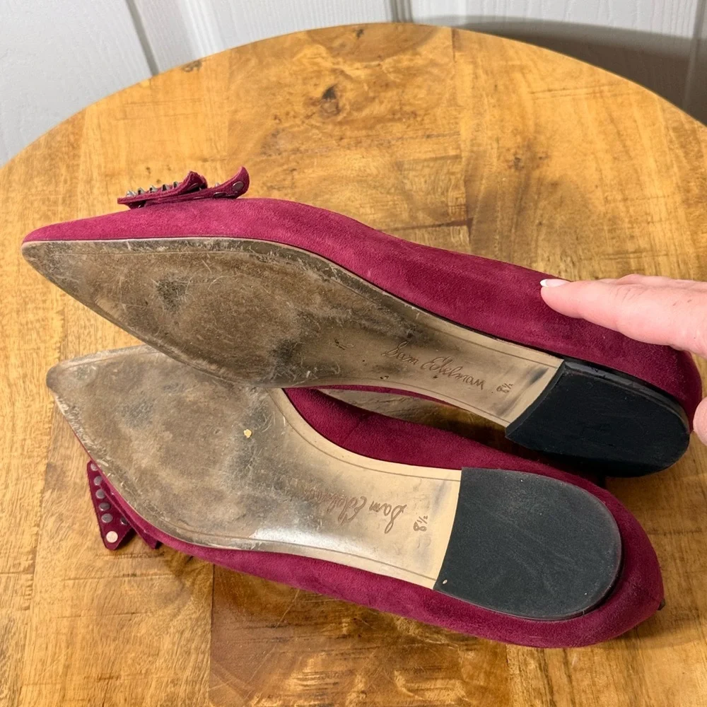 Sam Edelman Wine/Burgundy Pointed Bow Stud Flats - Picture 5 of 5
